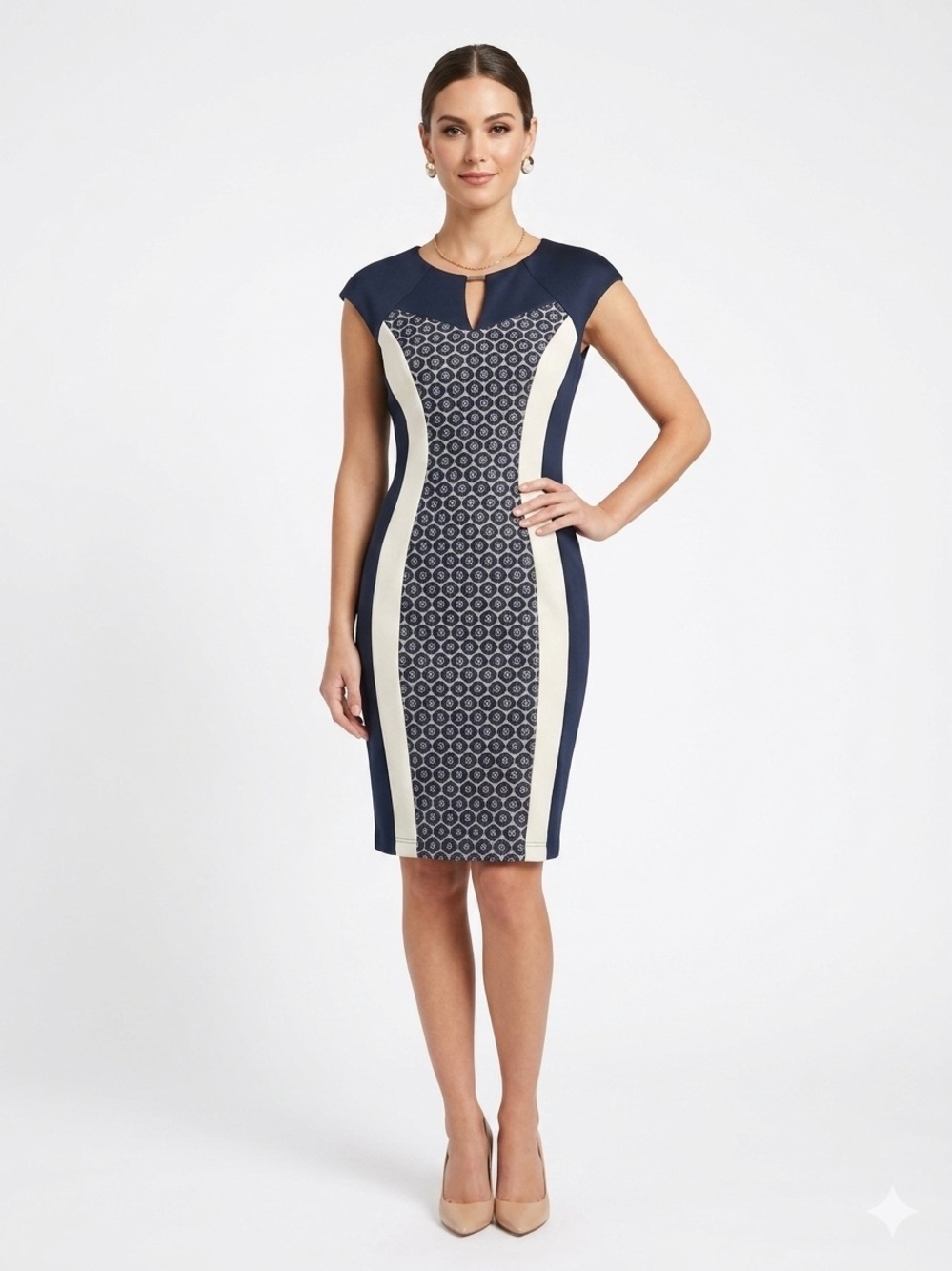 Enfocus Studio Navy Colorblock Sheath Dress Size 6 Slimming Career Chic